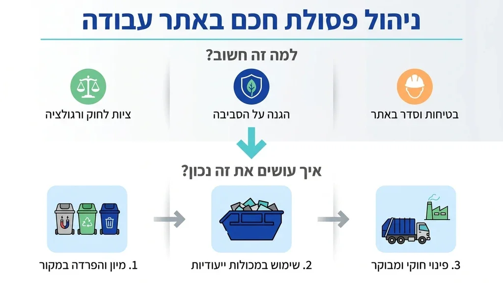 מכולה תקנית לפינוי חומרי בניין באתר עבודה מסודר