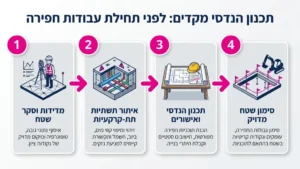 מהנדס מבצע מדידות קרקע לפני תחילת עבודות חפירה לתשתיות