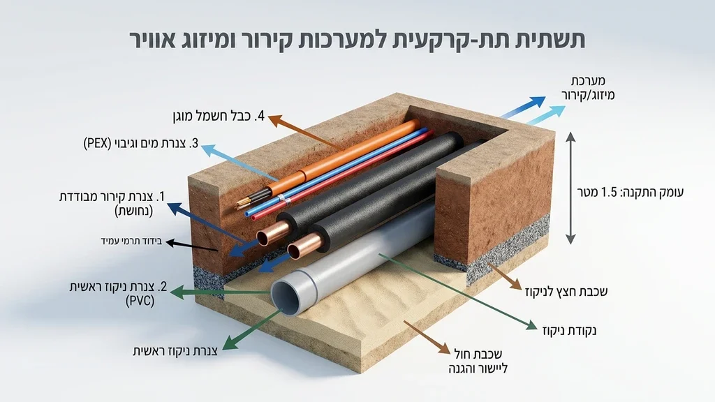 הנחת צנרת תת קרקעית למערכות קירור ומשאבות חום לבריכת שחייה